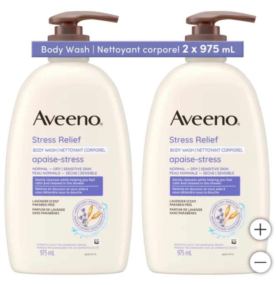 Aveeno Stress Relief Body Wash for Dry Skin, 2 x 975 mL