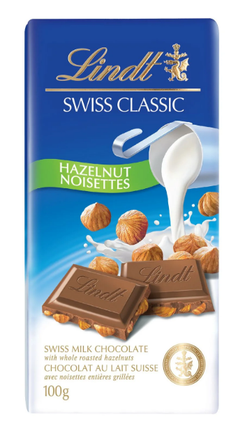 Lindt SWISS CLASSIC Hazelnut Milk Chocolate Bar, 100g