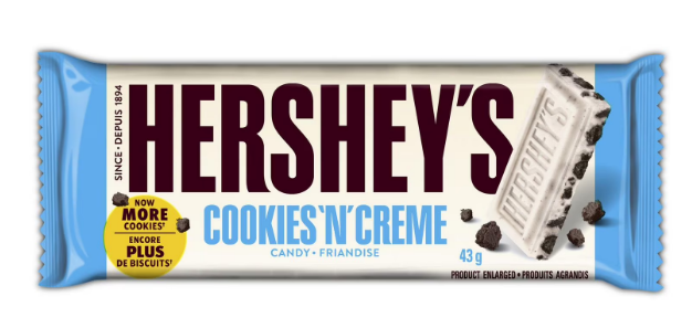 HERSHEYS COOKIES N CREME Full Size Candy Bar, 43 g